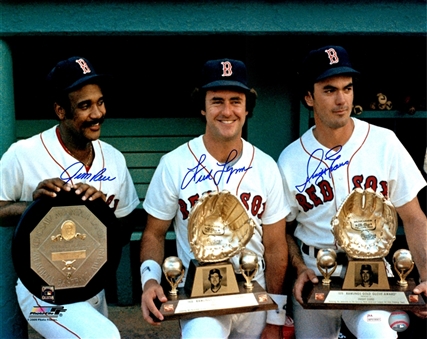 Jim Rice, Fred Lynn and Dwight Evans Trio Signed 16x20 Photo Holding Awards (JSA)